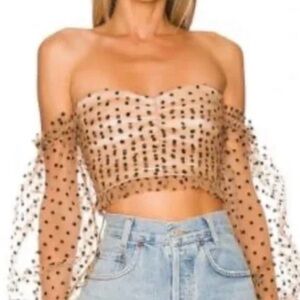 MAJORELLE Nude Polka Dot Sheer Off-Shoulder Crop Top